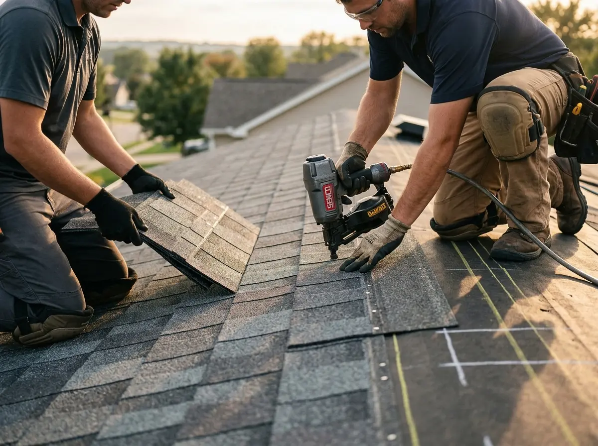 Professional roofer working on a residential roof in Arden Hills